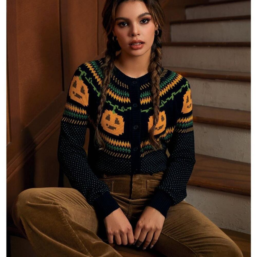 ModCloth Pumpkin Fair Isle Halloween Sweater Cardigan Pumpkin Sweater Medium